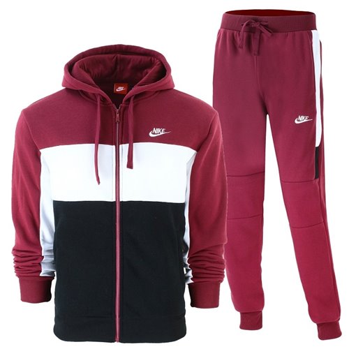 Nike Sportswear Color Block Fleece Zip Hoodie & Pants Set Burgundy